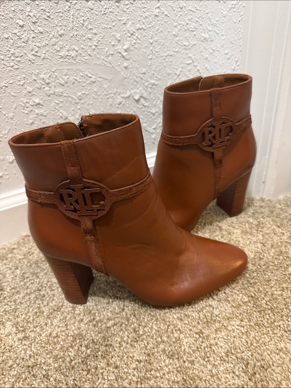 Ralph Lauren Tan Leather Ankle Booties with RL Medallion